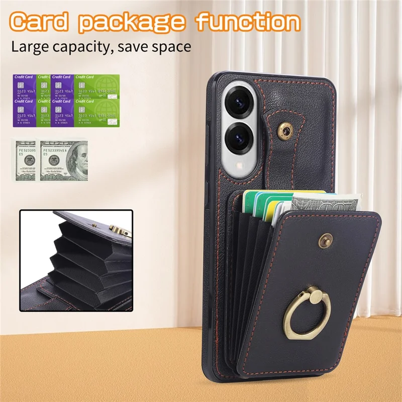 For Samsung Galaxy S25 Edge Case Card Holder Ring Kickstand TPU + PU Leather Phone Cover with Long Strap - Black