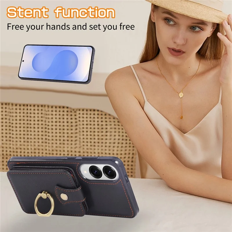 For Samsung Galaxy S25 Edge Case Card Holder Ring Kickstand TPU + PU Leather Phone Cover with Long Strap - Black