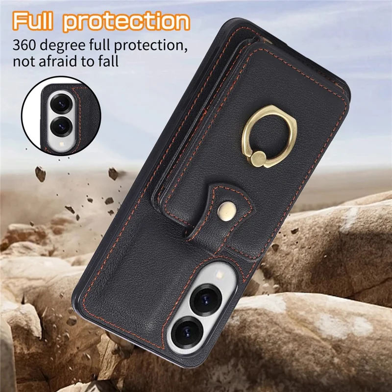 For Samsung Galaxy S25 Edge Case Card Holder Ring Kickstand TPU + PU Leather Phone Cover with Long Strap - Black