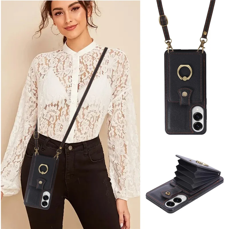 For Samsung Galaxy S25 Edge Case Card Holder Ring Kickstand TPU + PU Leather Phone Cover with Long Strap - Black
