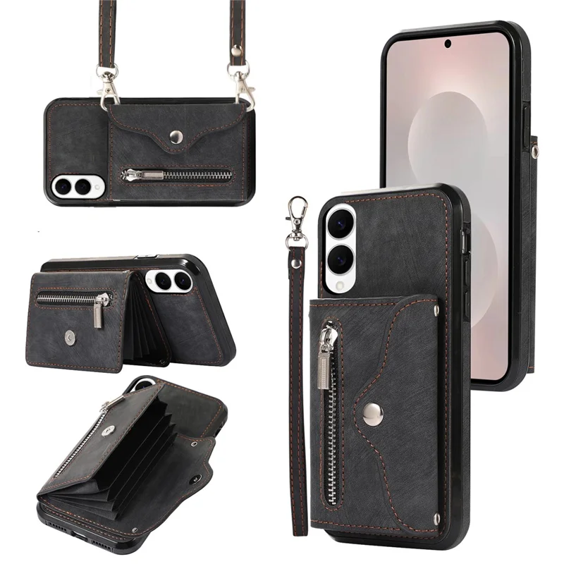 For Samsung Galaxy S25 Edge Case PU Leather + TPU RFID Blocking Card Slots Phone Cover with 2 Straps - Black