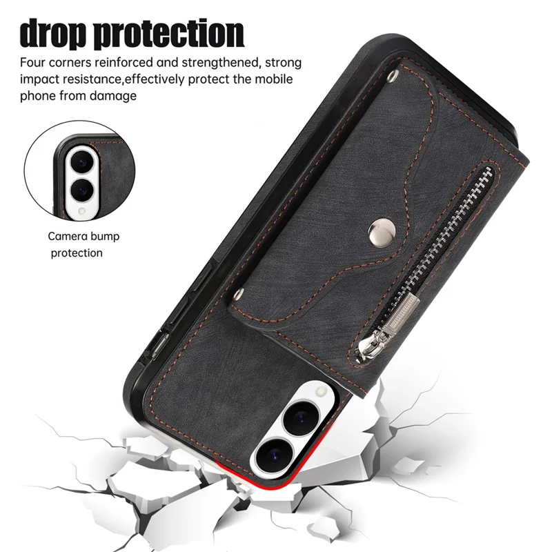 For Samsung Galaxy S25 Edge Case PU Leather + TPU RFID Blocking Card Slots Phone Cover with 2 Straps - Black