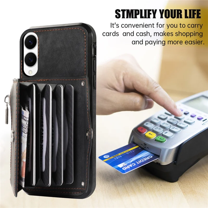 For Samsung Galaxy S25 Edge Case PU Leather + TPU RFID Blocking Card Slots Phone Cover with 2 Straps - Black