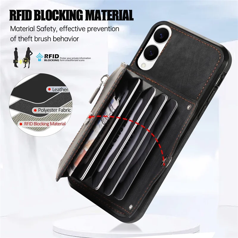 For Samsung Galaxy S25 Edge Case PU Leather + TPU RFID Blocking Card Slots Phone Cover with 2 Straps - Black