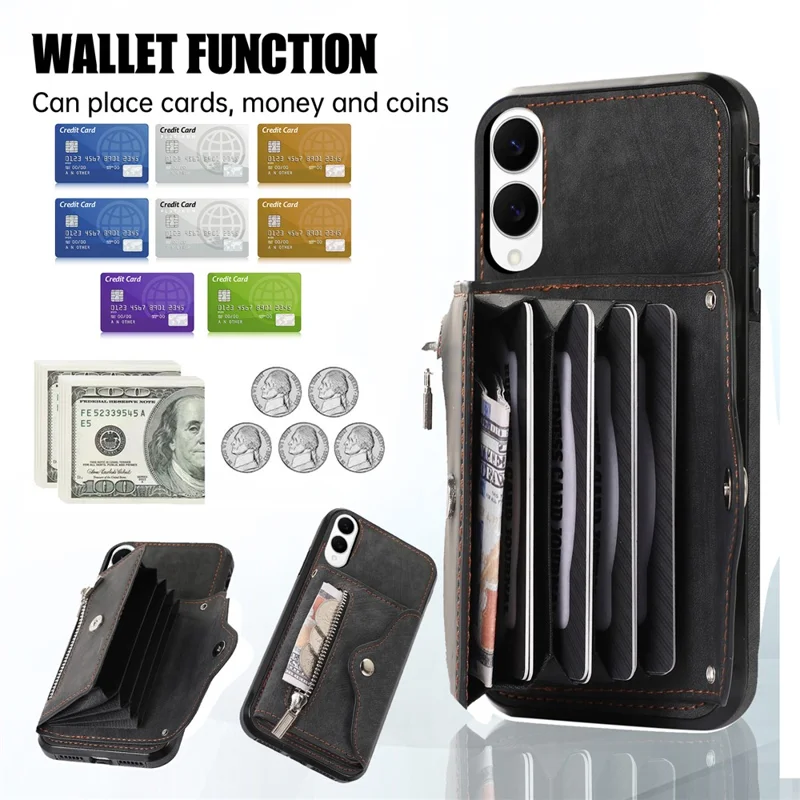 For Samsung Galaxy S25 Edge Case PU Leather + TPU RFID Blocking Card Slots Phone Cover with 2 Straps - Black