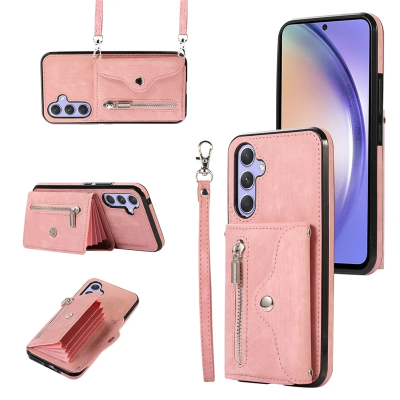 For Samsung Galaxy A16 4G / 5G Case PU Leather + TPU RFID Blocking Card Slots Phone Cover with 2 Straps - Rose Gold