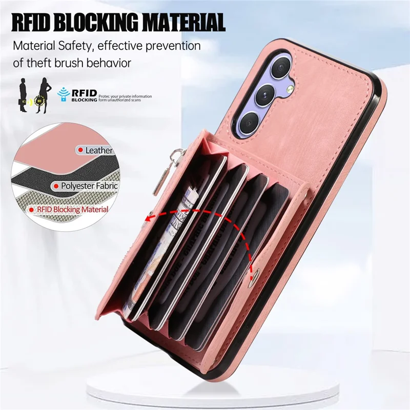 For Samsung Galaxy A16 4G / 5G Case PU Leather + TPU RFID Blocking Card Slots Phone Cover with 2 Straps - Rose Gold