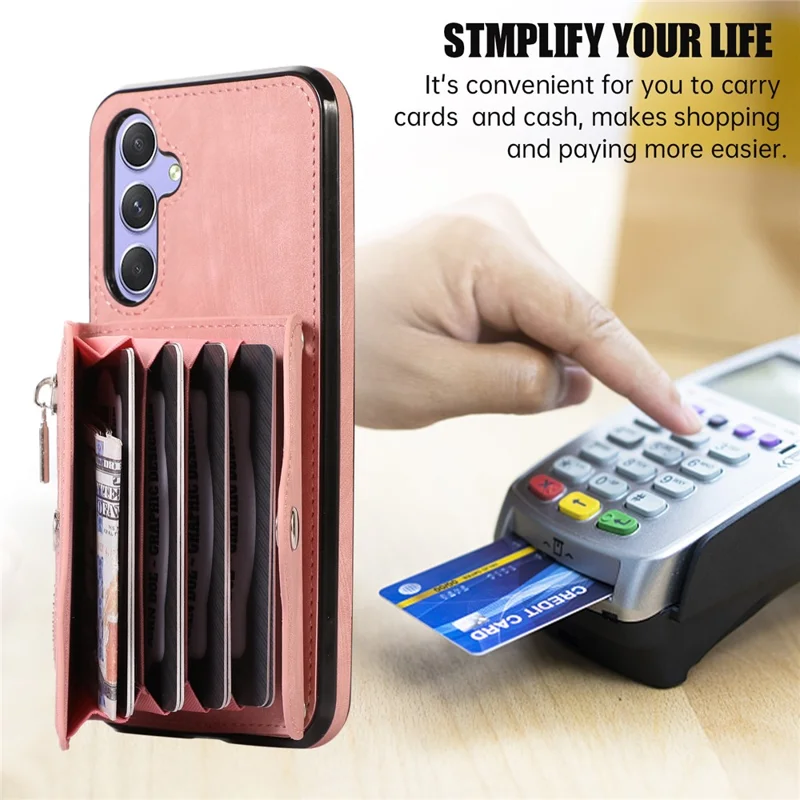 For Samsung Galaxy A16 4G / 5G Case PU Leather + TPU RFID Blocking Card Slots Phone Cover with 2 Straps - Rose Gold