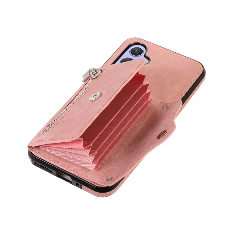For Samsung Galaxy A16 4G / 5G Case PU Leather + TPU RFID Blocking Card Slots Phone Cover with 2 Straps - Rose Gold