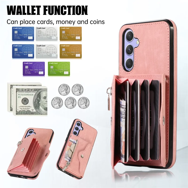 For Samsung Galaxy A16 4G / 5G Case PU Leather + TPU RFID Blocking Card Slots Phone Cover with 2 Straps - Rose Gold