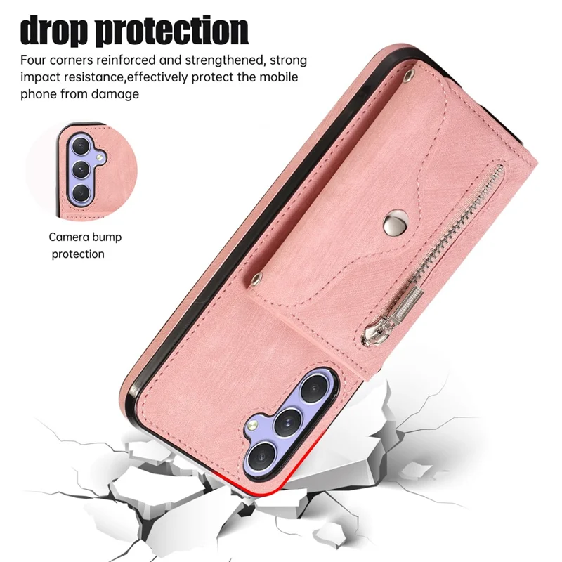 For Samsung Galaxy A16 4G / 5G Case PU Leather + TPU RFID Blocking Card Slots Phone Cover with 2 Straps - Rose Gold
