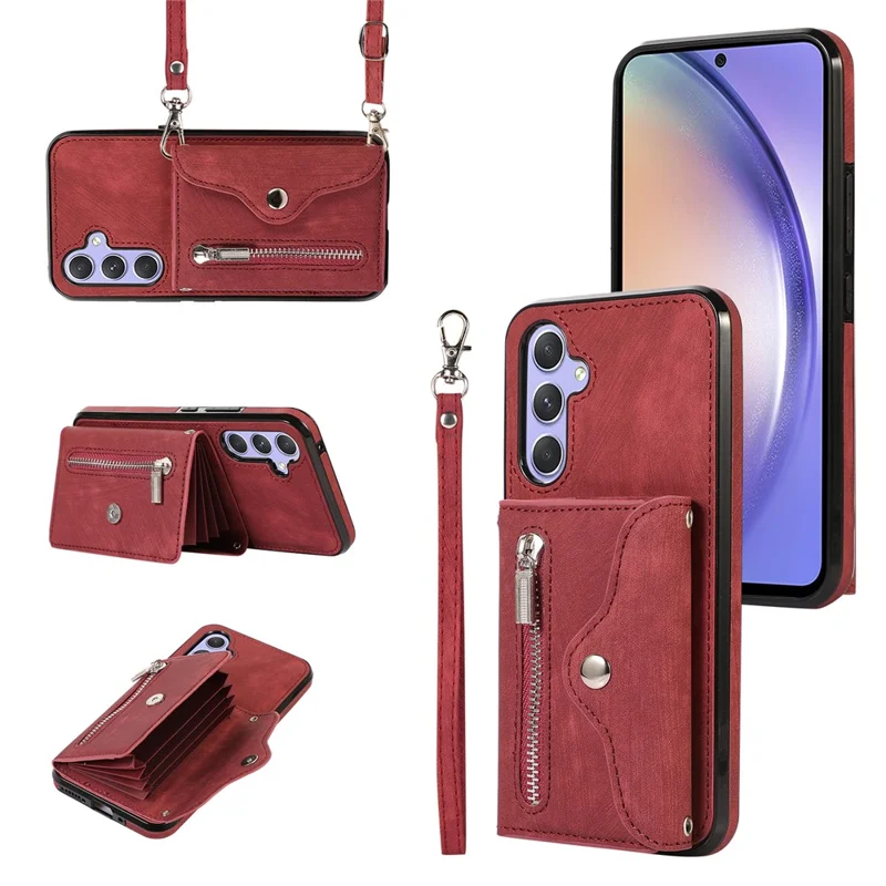 For Samsung Galaxy A26 5G Case PU Leather + TPU RFID Blocking Card Slots Phone Cover with 2 Straps - Red
