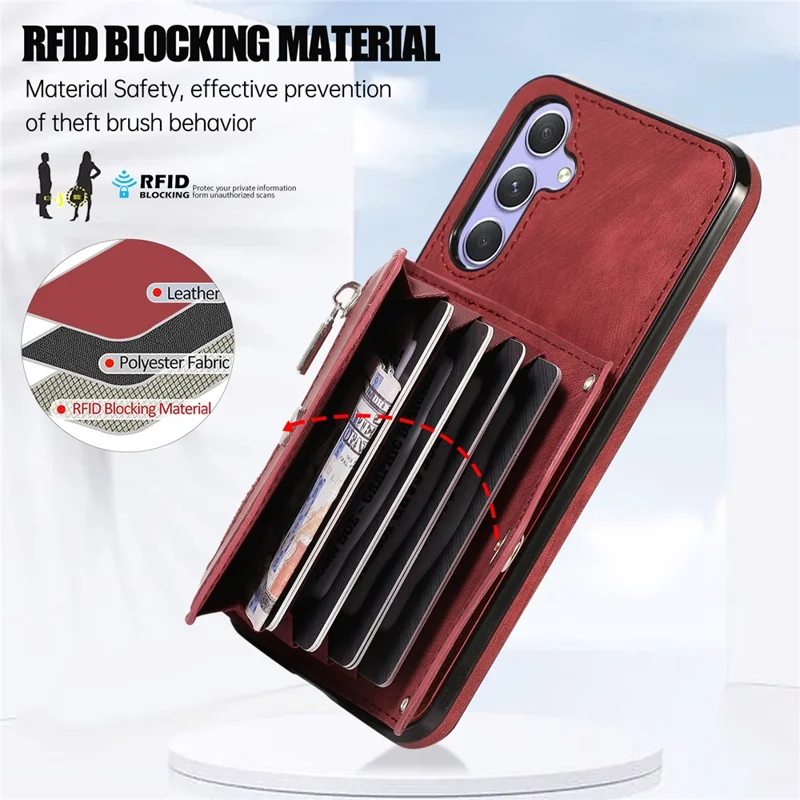 For Samsung Galaxy A26 5G Case PU Leather + TPU RFID Blocking Card Slots Phone Cover with 2 Straps - Red