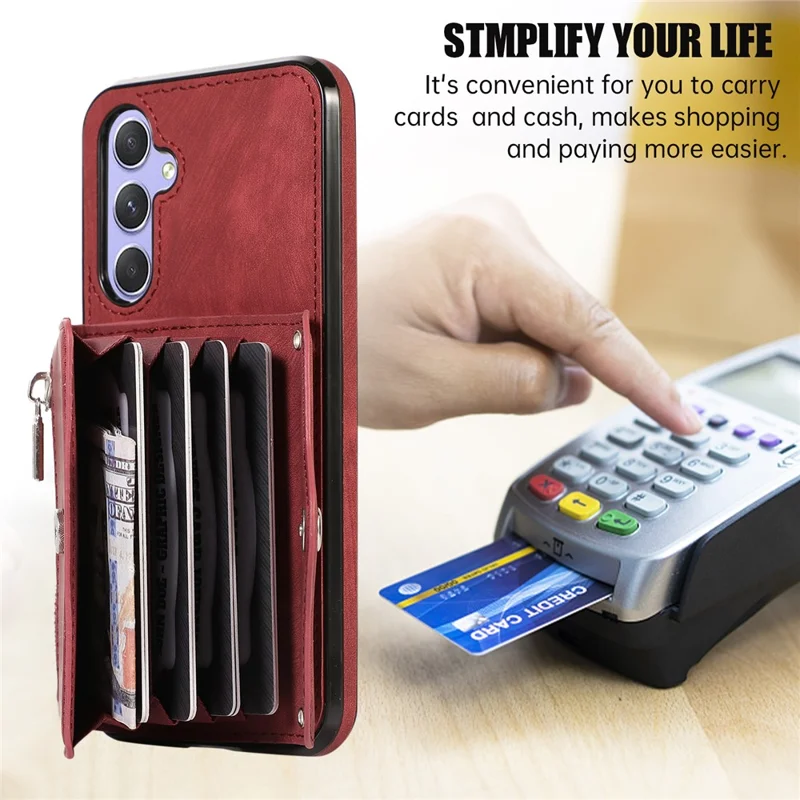 For Samsung Galaxy A26 5G Case PU Leather + TPU RFID Blocking Card Slots Phone Cover with 2 Straps - Red