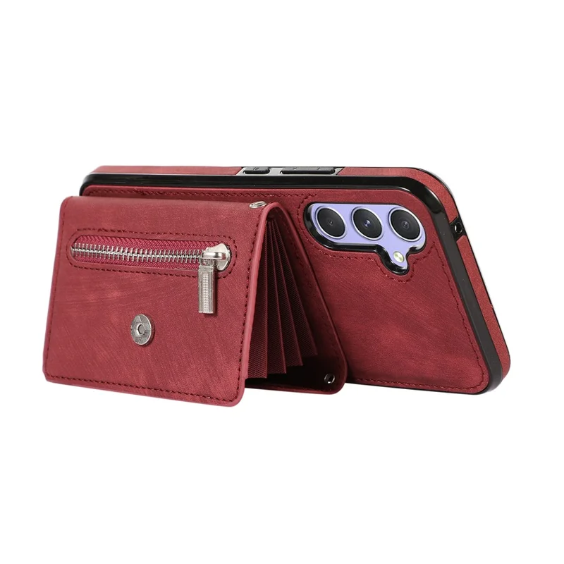 For Samsung Galaxy A26 5G Case PU Leather + TPU RFID Blocking Card Slots Phone Cover with 2 Straps - Red