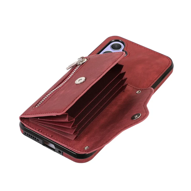 For Samsung Galaxy A26 5G Case PU Leather + TPU RFID Blocking Card Slots Phone Cover with 2 Straps - Red