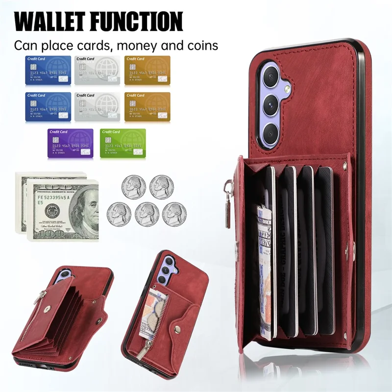 For Samsung Galaxy A26 5G Case PU Leather + TPU RFID Blocking Card Slots Phone Cover with 2 Straps - Red