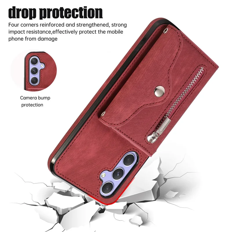 For Samsung Galaxy A26 5G Case PU Leather + TPU RFID Blocking Card Slots Phone Cover with 2 Straps - Red