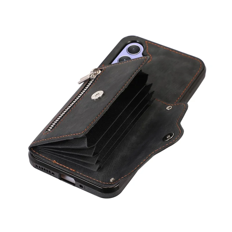 For Samsung Galaxy A36 5G Case PU Leather + TPU RFID Blocking Card Slots Phone Cover with 2 Straps - Black