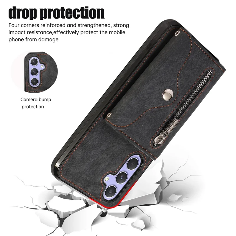 For Samsung Galaxy A36 5G Case PU Leather + TPU RFID Blocking Card Slots Phone Cover with 2 Straps - Black