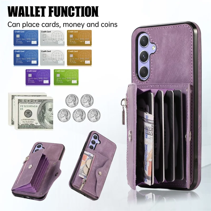 For Samsung Galaxy A56 5G Case PU Leather + TPU RFID Blocking Card Slots Phone Cover with 2 Straps - Purple