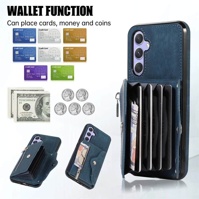 For Samsung Galaxy A25 5G (Global) (161.0mm) Case PU Leather + TPU RFID Blocking Card Slots Phone Cover with 2 Straps - Blue