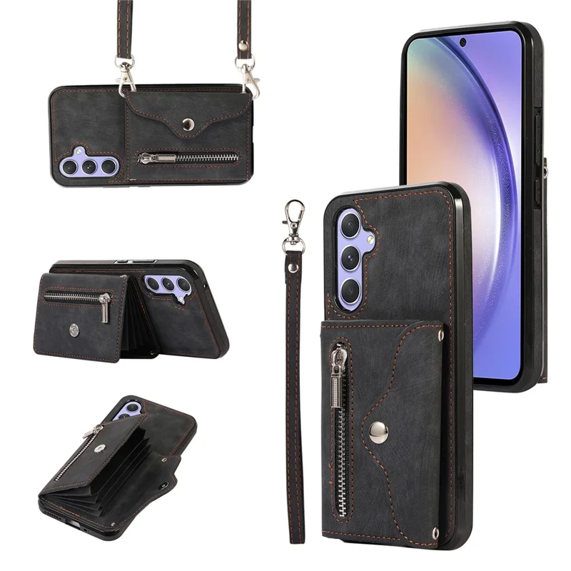 For Samsung Galaxy A35 5G Case PU Leather + TPU RFID Blocking Card Slots Phone Cover with 2 Straps - Black