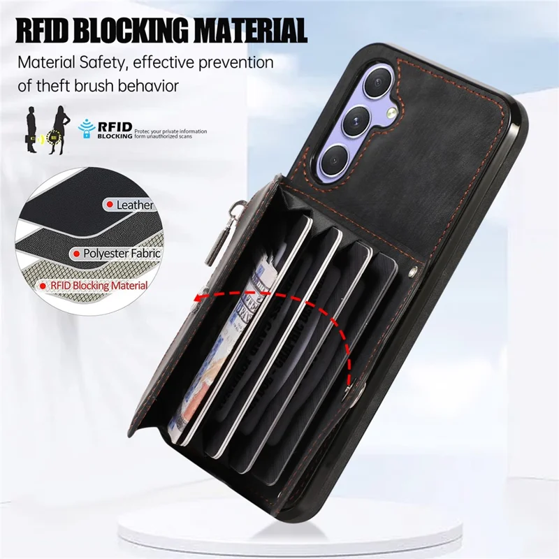 For Samsung Galaxy A35 5G Case PU Leather + TPU RFID Blocking Card Slots Phone Cover with 2 Straps - Black