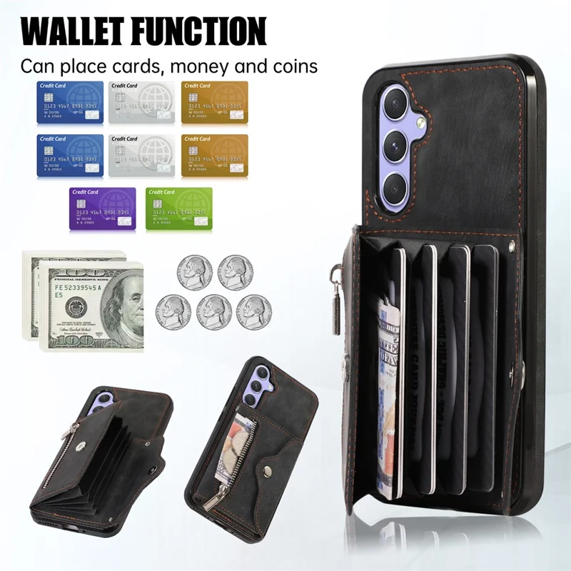 For Samsung Galaxy A35 5G Case PU Leather + TPU RFID Blocking Card Slots Phone Cover with 2 Straps - Black