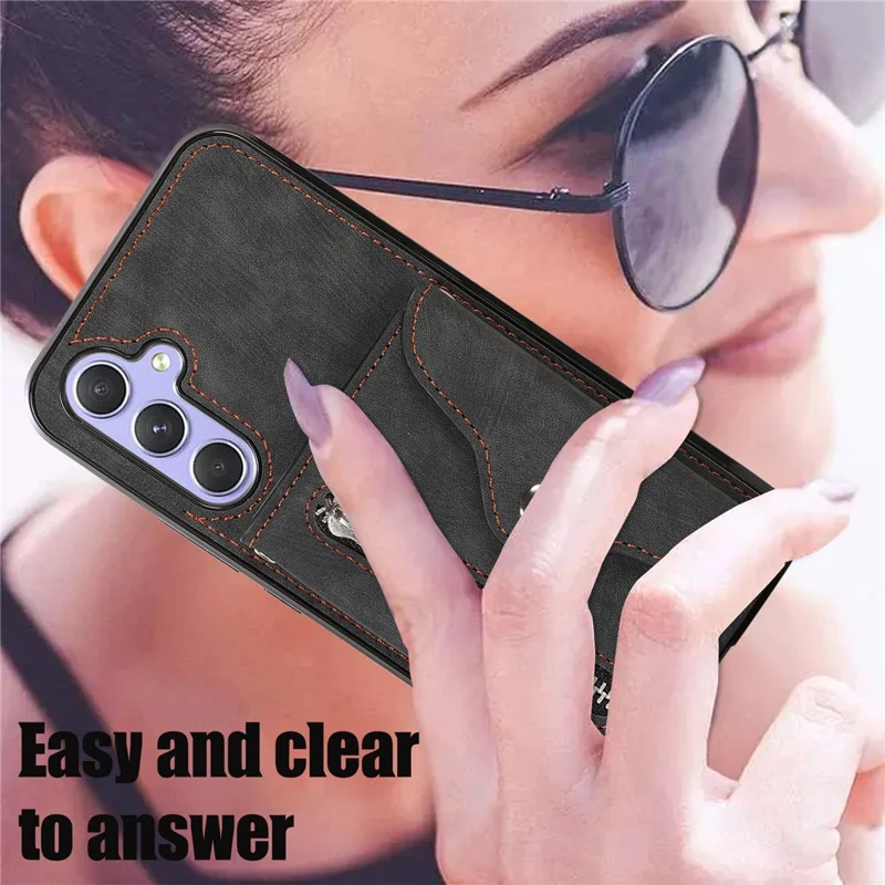 For Samsung Galaxy A35 5G Case PU Leather + TPU RFID Blocking Card Slots Phone Cover with 2 Straps - Black