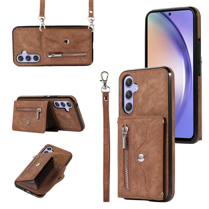 Чехол для Amsung Galaxy A55 5G из искусственной кожи + TPU с блокировкой RFID, отделениями для карт и 2 ремешками - Коричневый