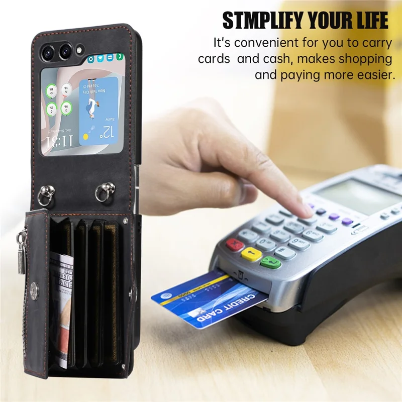 For Samsung Galaxy Z Flip7 FE 5G / Z Flip6 5G Case PU Leather + TPU RFID Blocking Card Slots Phone Cover with 2 Straps - Black