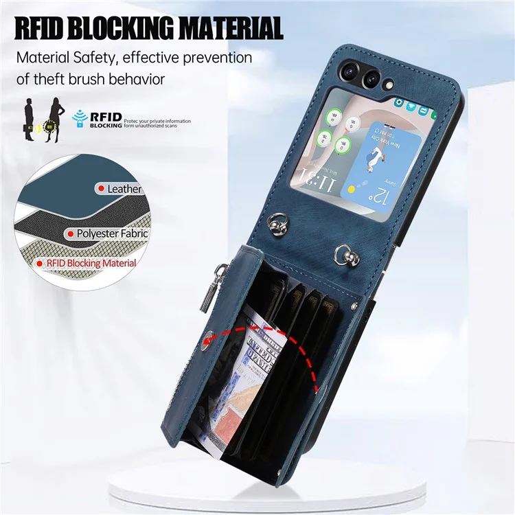 For Samsung Galaxy Z Flip5 5G Case PU Leather + TPU RFID Blocking Card Slots Phone Cover with 2 Straps - Blue