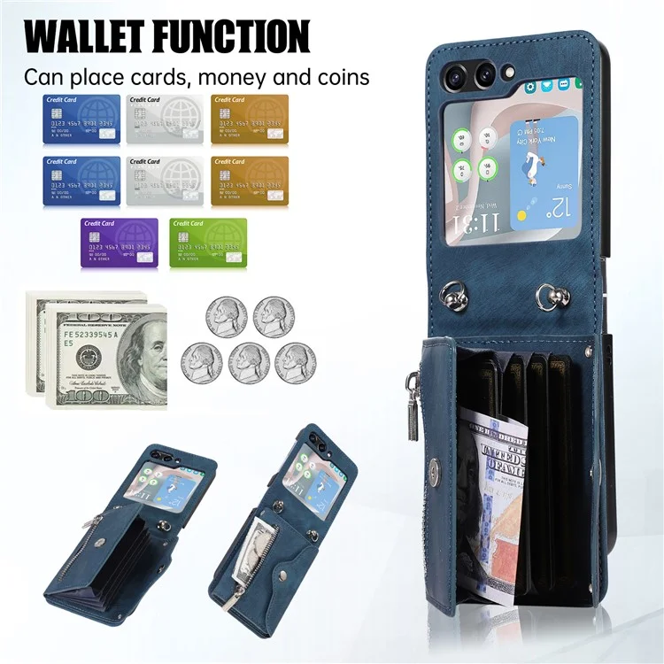 For Samsung Galaxy Z Flip5 5G Case PU Leather + TPU RFID Blocking Card Slots Phone Cover with 2 Straps - Blue