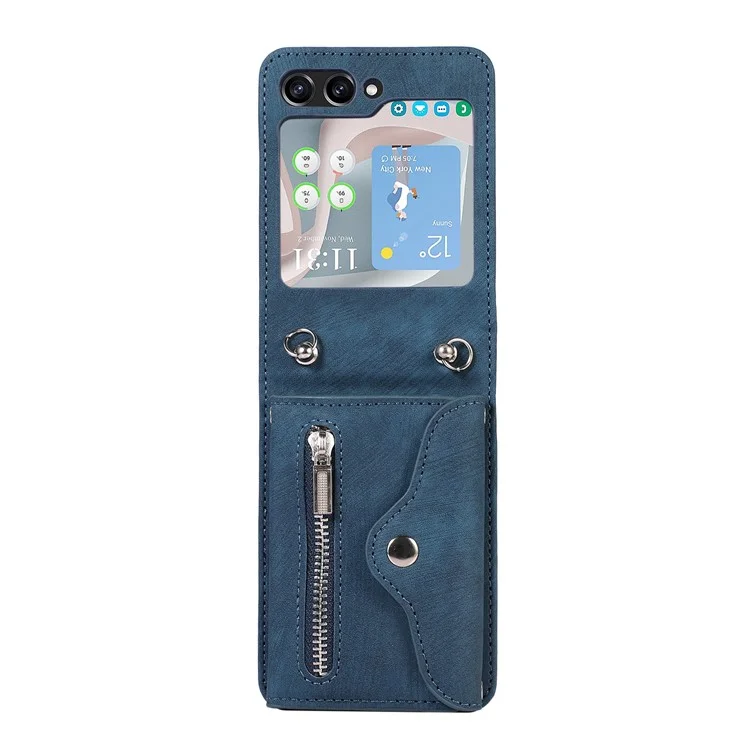 For Samsung Galaxy Z Flip5 5G Case PU Leather + TPU RFID Blocking Card Slots Phone Cover with 2 Straps - Blue