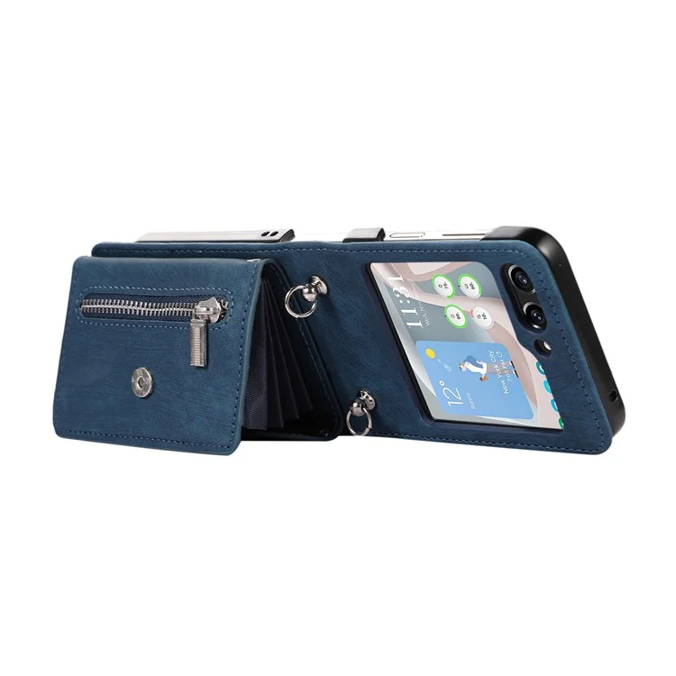 For Samsung Galaxy Z Flip5 5G Case PU Leather + TPU RFID Blocking Card Slots Phone Cover with 2 Straps - Blue