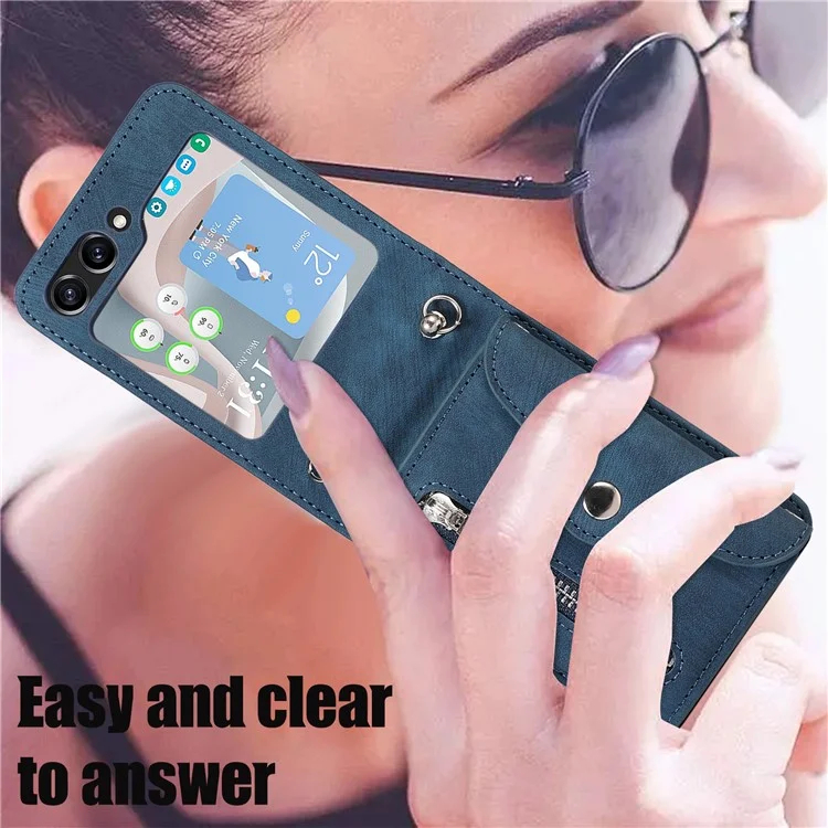 For Samsung Galaxy Z Flip5 5G Case PU Leather + TPU RFID Blocking Card Slots Phone Cover with 2 Straps - Blue