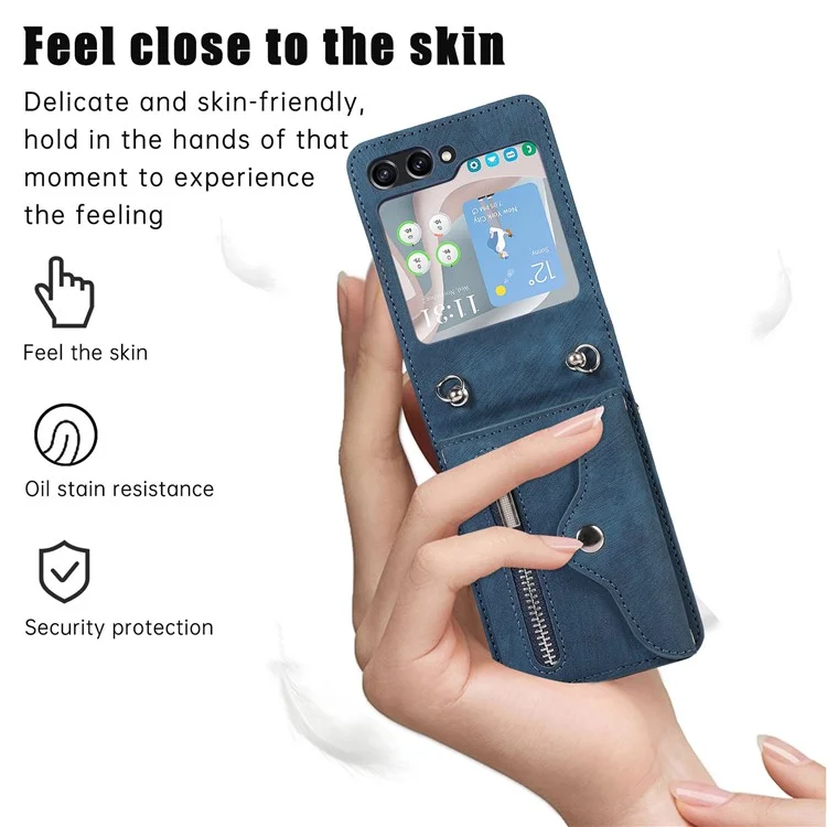 For Samsung Galaxy Z Flip5 5G Case PU Leather + TPU RFID Blocking Card Slots Phone Cover with 2 Straps - Blue