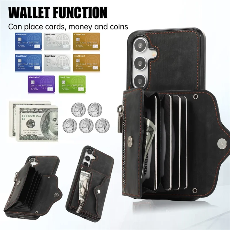 For Samsung Galaxy S24 FE Case PU Leather + TPU RFID Blocking Card Slots Phone Cover with 2 Straps - Black