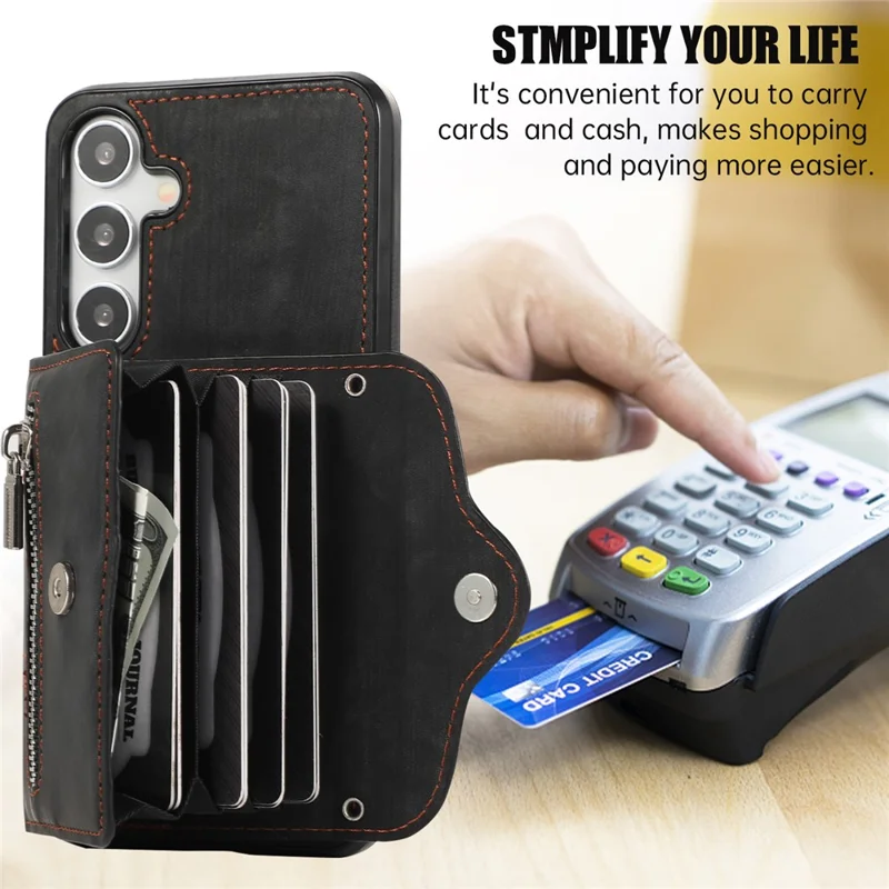 For Samsung Galaxy S24 FE Case PU Leather + TPU RFID Blocking Card Slots Phone Cover with 2 Straps - Black