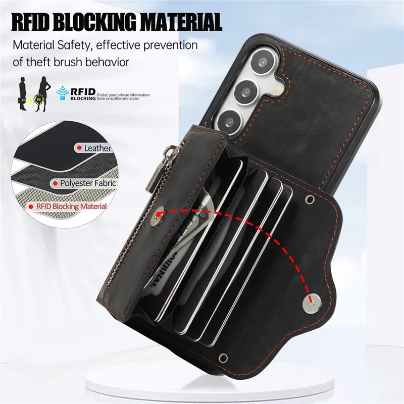 For Samsung Galaxy S24 FE Case PU Leather + TPU RFID Blocking Card Slots Phone Cover with 2 Straps - Black