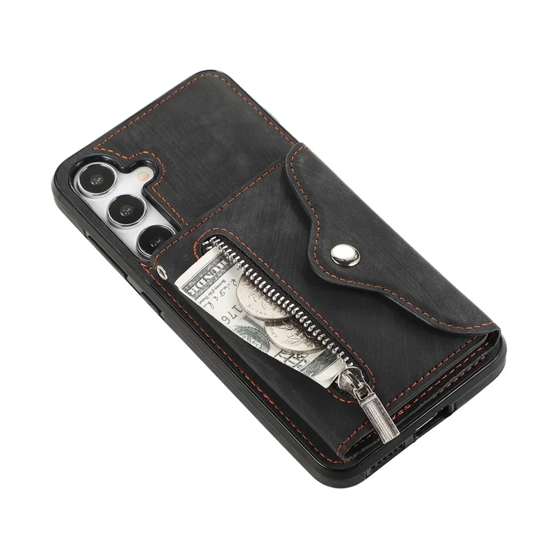 For Samsung Galaxy S24 FE Case PU Leather + TPU RFID Blocking Card Slots Phone Cover with 2 Straps - Black
