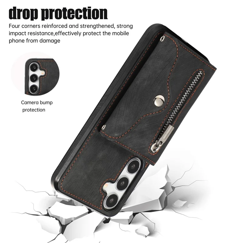 For Samsung Galaxy S24 FE Case PU Leather + TPU RFID Blocking Card Slots Phone Cover with 2 Straps - Black