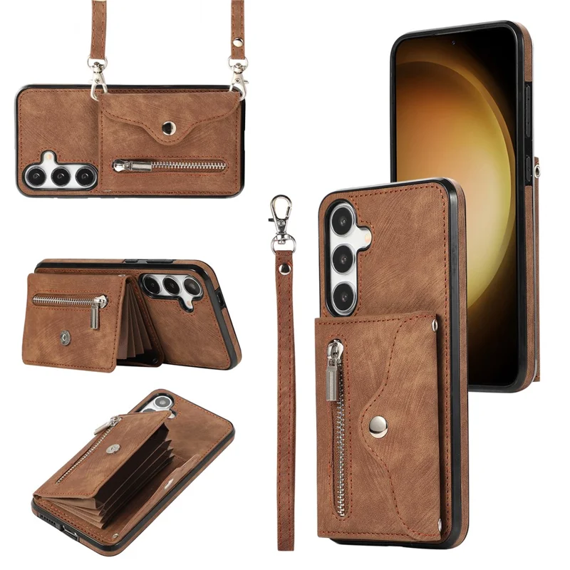 For Samsung Galaxy S24 FE Case PU Leather + TPU RFID Blocking Card Slots Phone Cover with 2 Straps - Brown