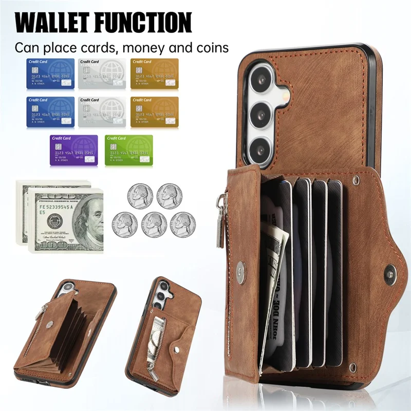 For Samsung Galaxy S24 FE Case PU Leather + TPU RFID Blocking Card Slots Phone Cover with 2 Straps - Brown