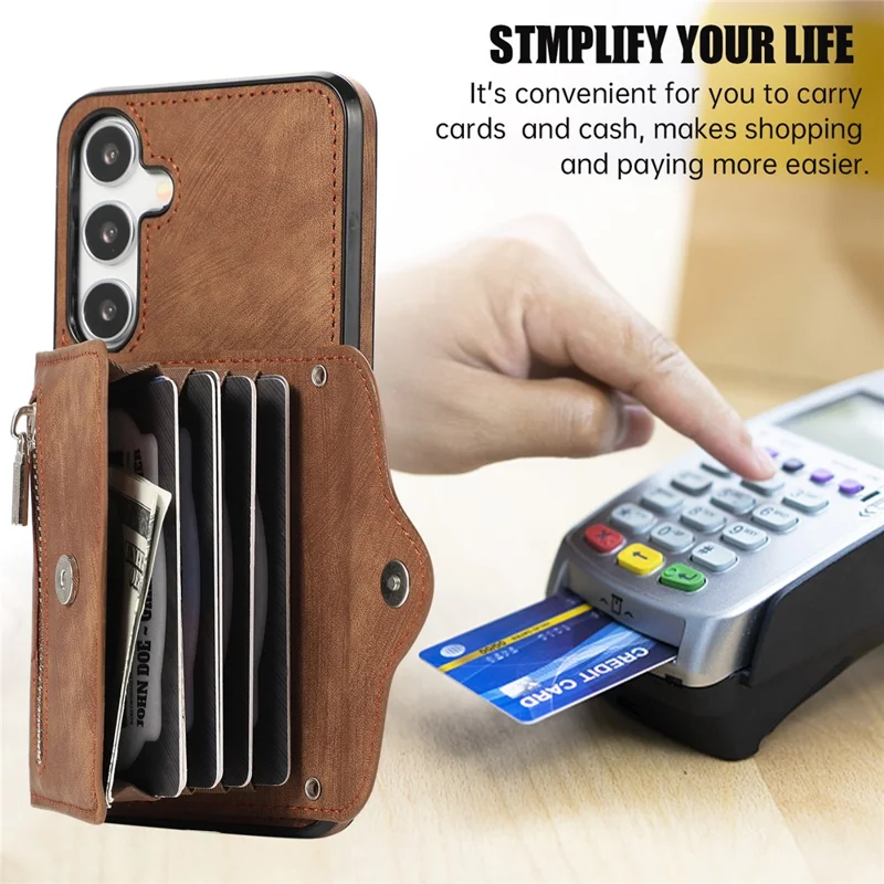 For Samsung Galaxy S24 FE Case PU Leather + TPU RFID Blocking Card Slots Phone Cover with 2 Straps - Brown