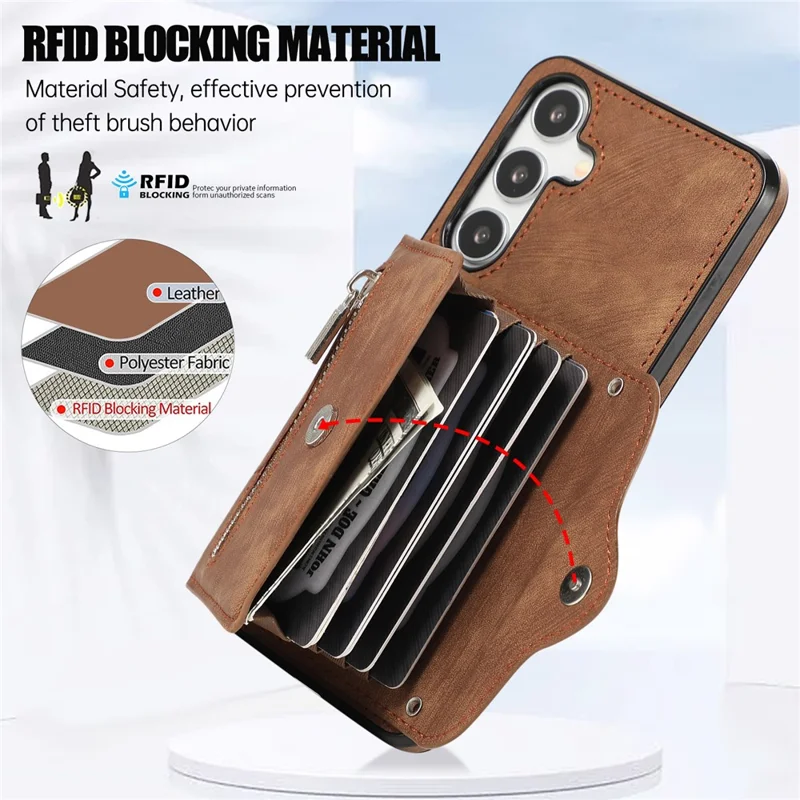 For Samsung Galaxy S24 FE Case PU Leather + TPU RFID Blocking Card Slots Phone Cover with 2 Straps - Brown