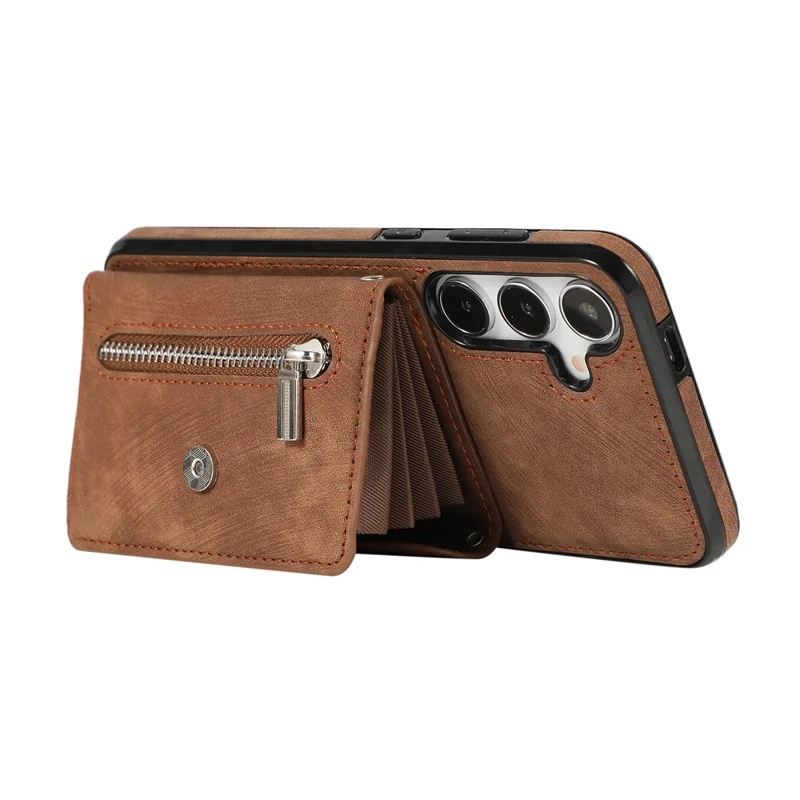 For Samsung Galaxy S24 FE Case PU Leather + TPU RFID Blocking Card Slots Phone Cover with 2 Straps - Brown