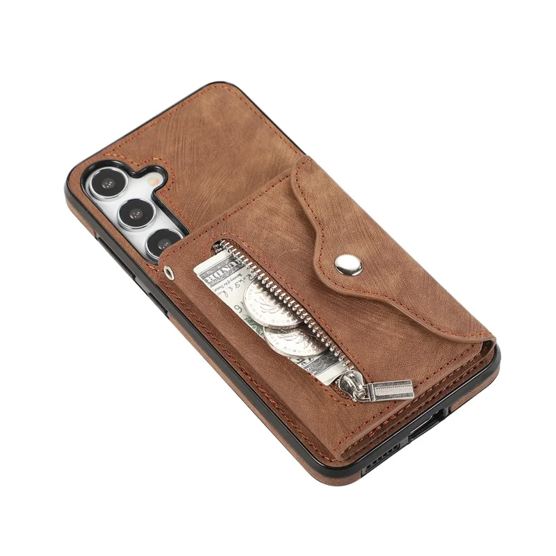 For Samsung Galaxy S24 FE Case PU Leather + TPU RFID Blocking Card Slots Phone Cover with 2 Straps - Brown