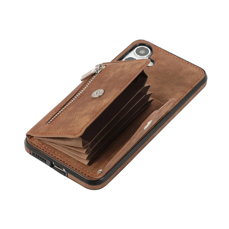For Samsung Galaxy S24 FE Case PU Leather + TPU RFID Blocking Card Slots Phone Cover with 2 Straps - Brown